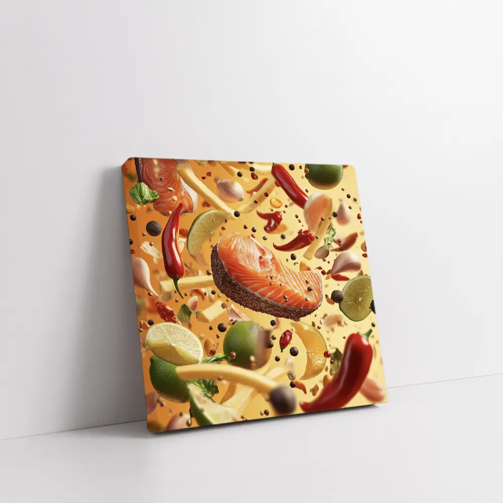 Salmon Steak Flying Spices Chili Orange Background – Wall Art