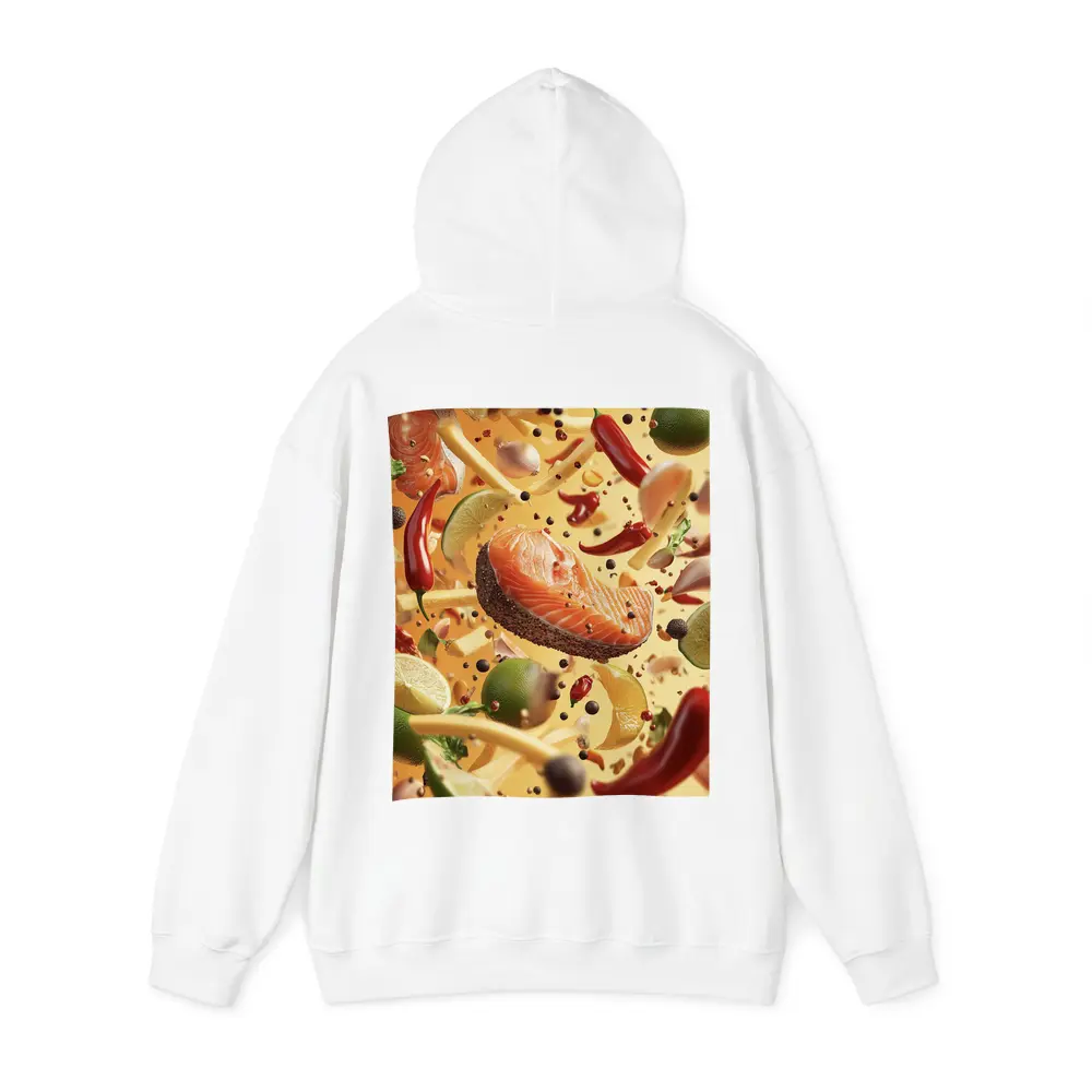 Salmon Steak Flying Spices Chili Orange Background – Hoodies