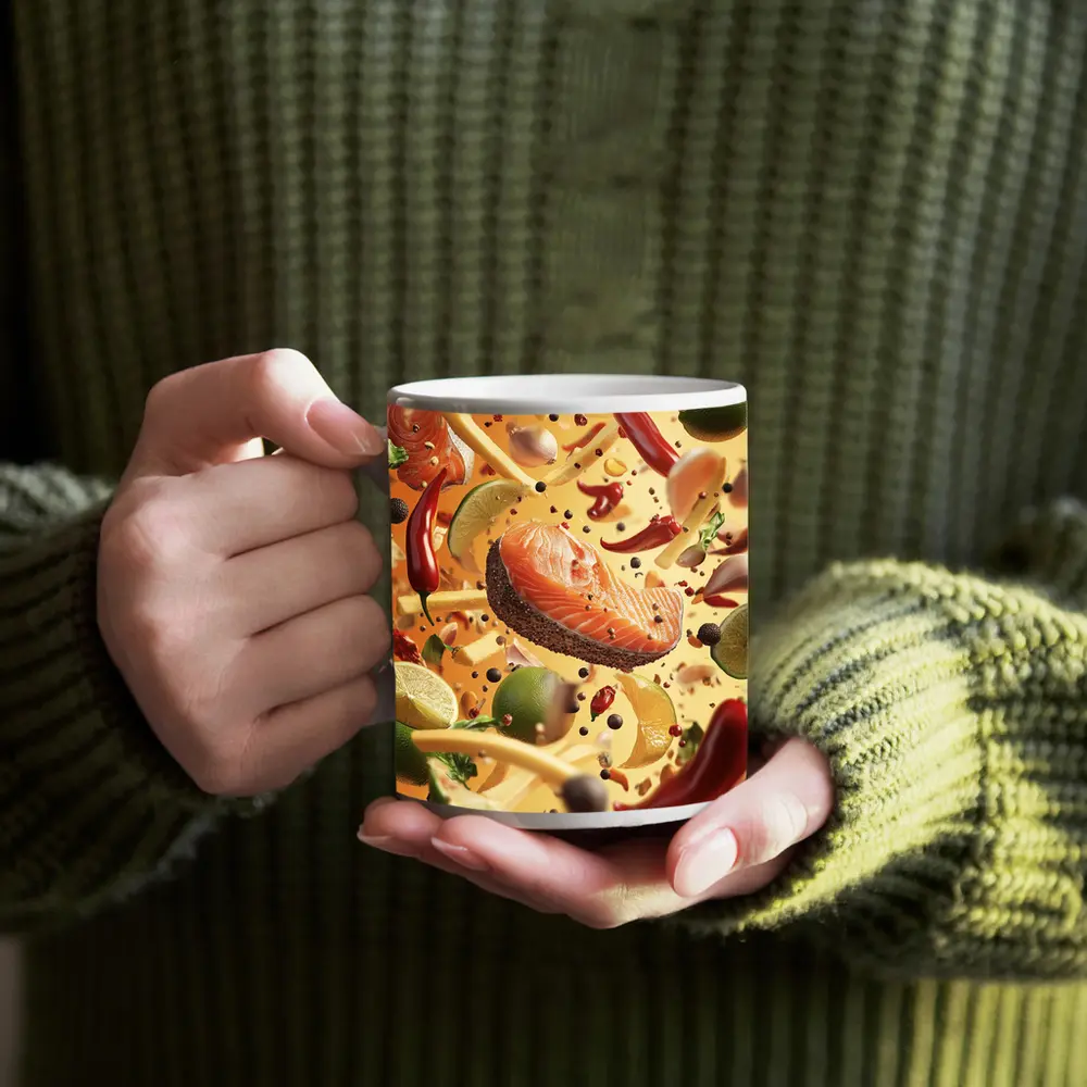 Salmon Steak Flying Spices Chili Orange Background – Mugs