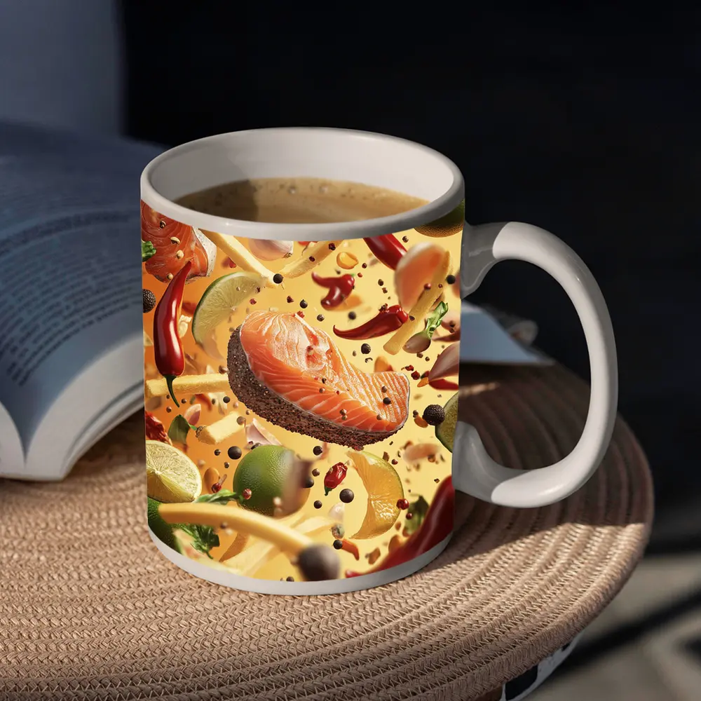 Salmon Steak Flying Spices Chili Orange Background – Mugs
