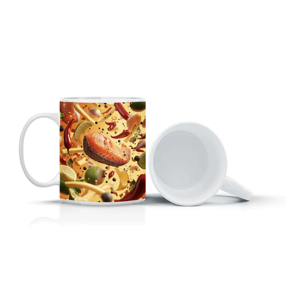 Salmon Steak Flying Spices Chili Orange Background – Mugs