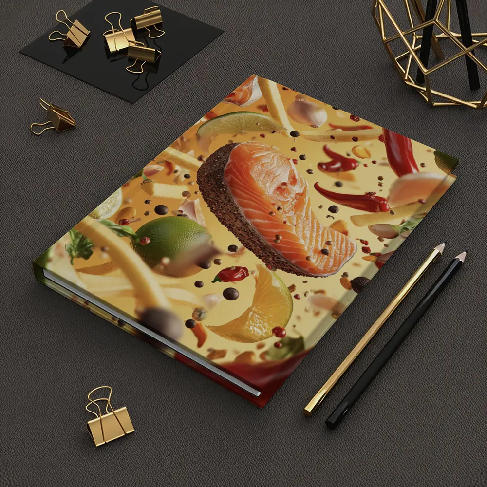 Salmon Steak Flying Spices Chili Orange Background – Notebooks