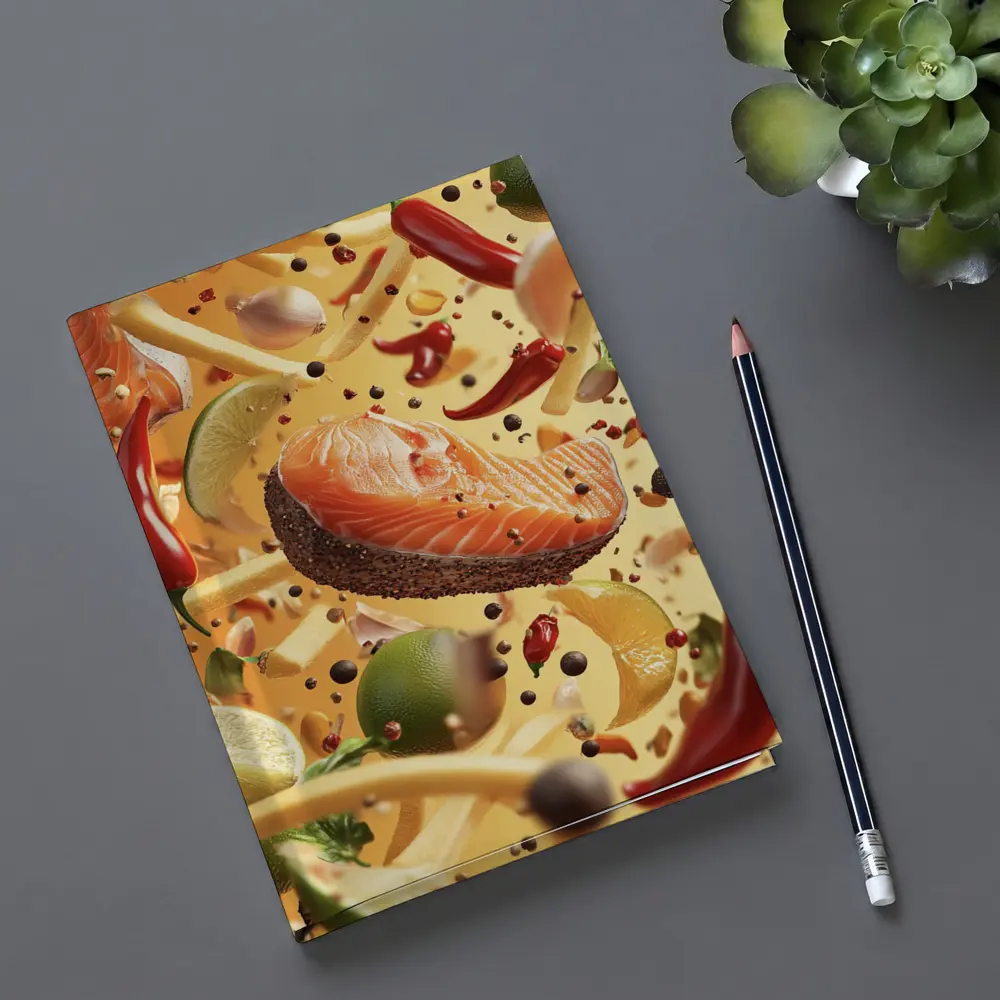 Salmon Steak Flying Spices Chili Orange Background – Notebooks