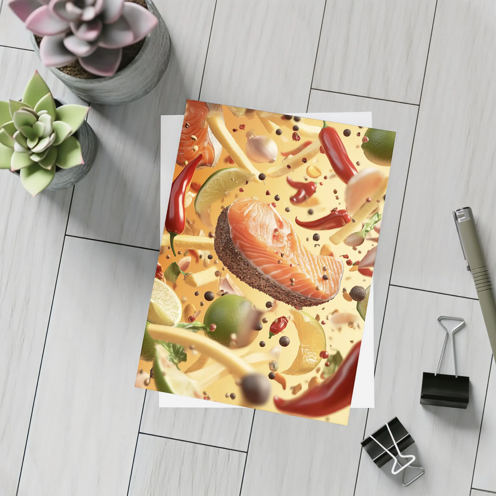 Salmon Steak Flying Spices Chili Orange Background – Postcards