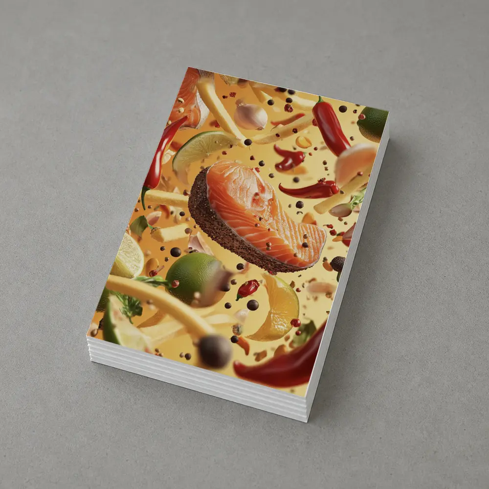 Salmon Steak Flying Spices Chili Orange Background – Postcards