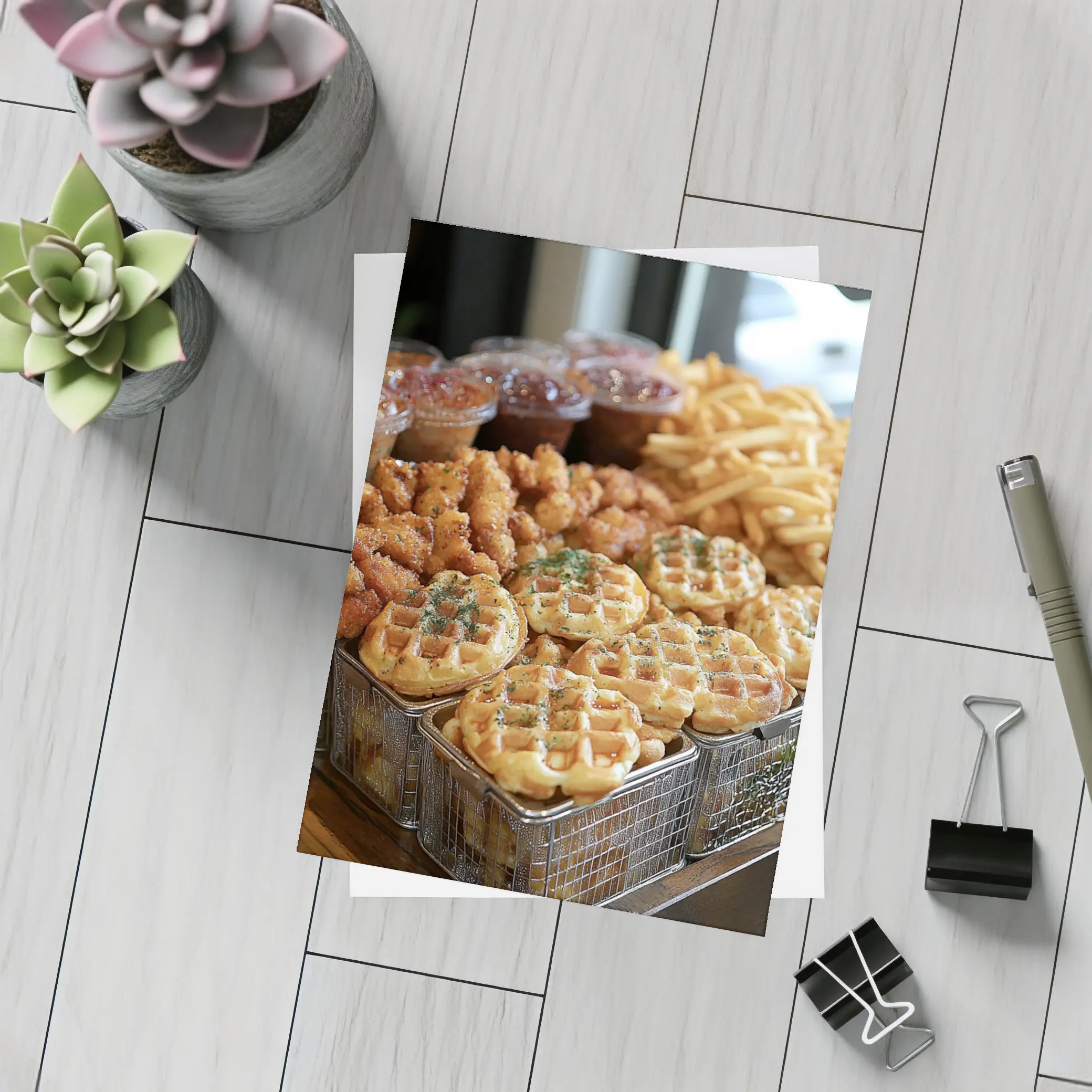 Fried Chicken Waffles and Fries Spread – Postcards