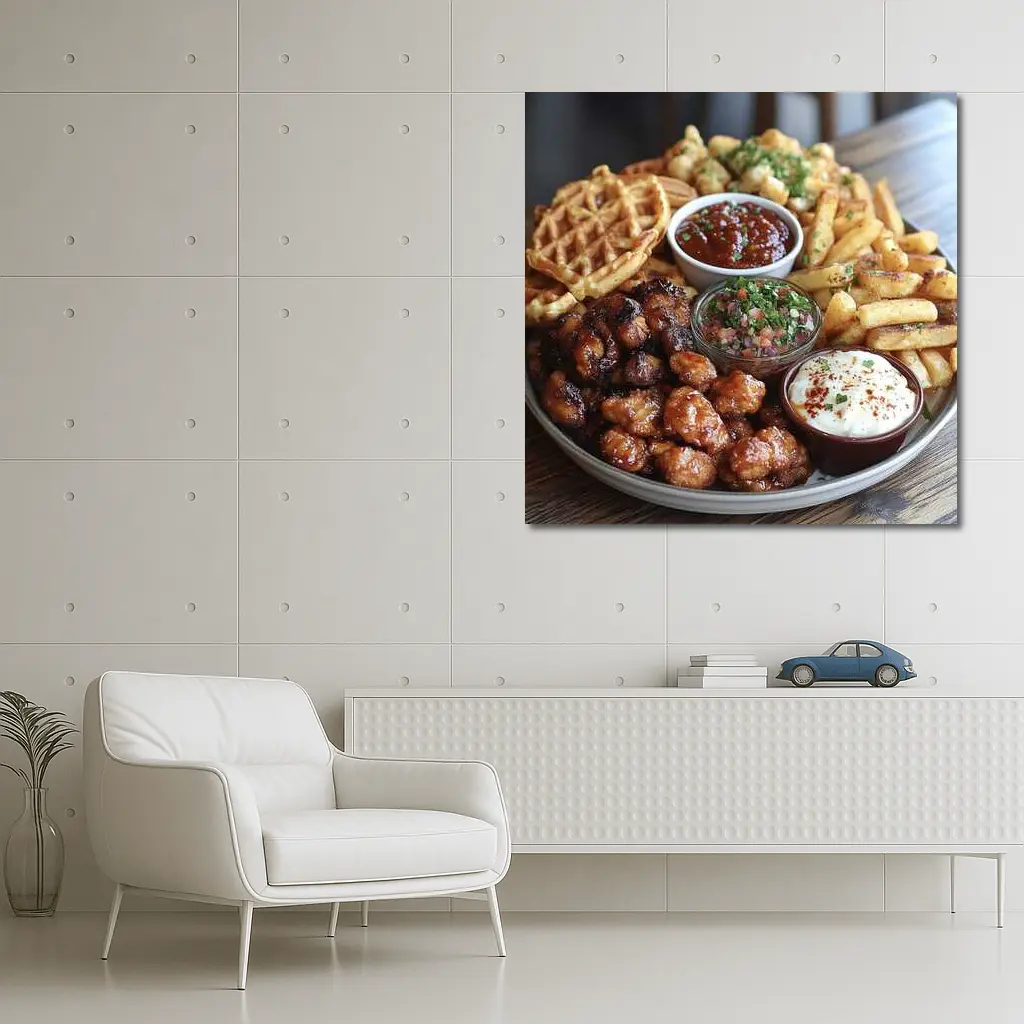 Crispy Chicken Waffles Fries Platter Dipping Sauces – Wall Art