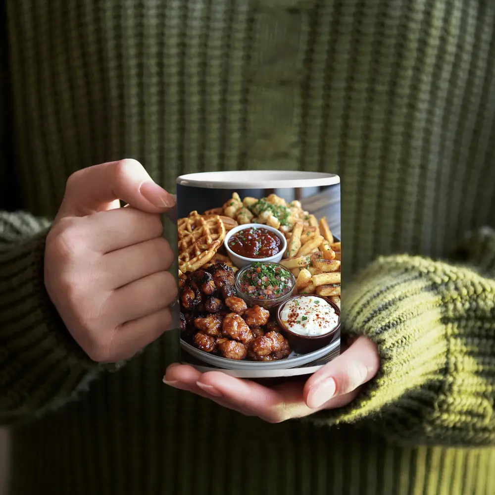 Crispy Chicken Waffles Fries Platter Dipping Sauces – Mugs