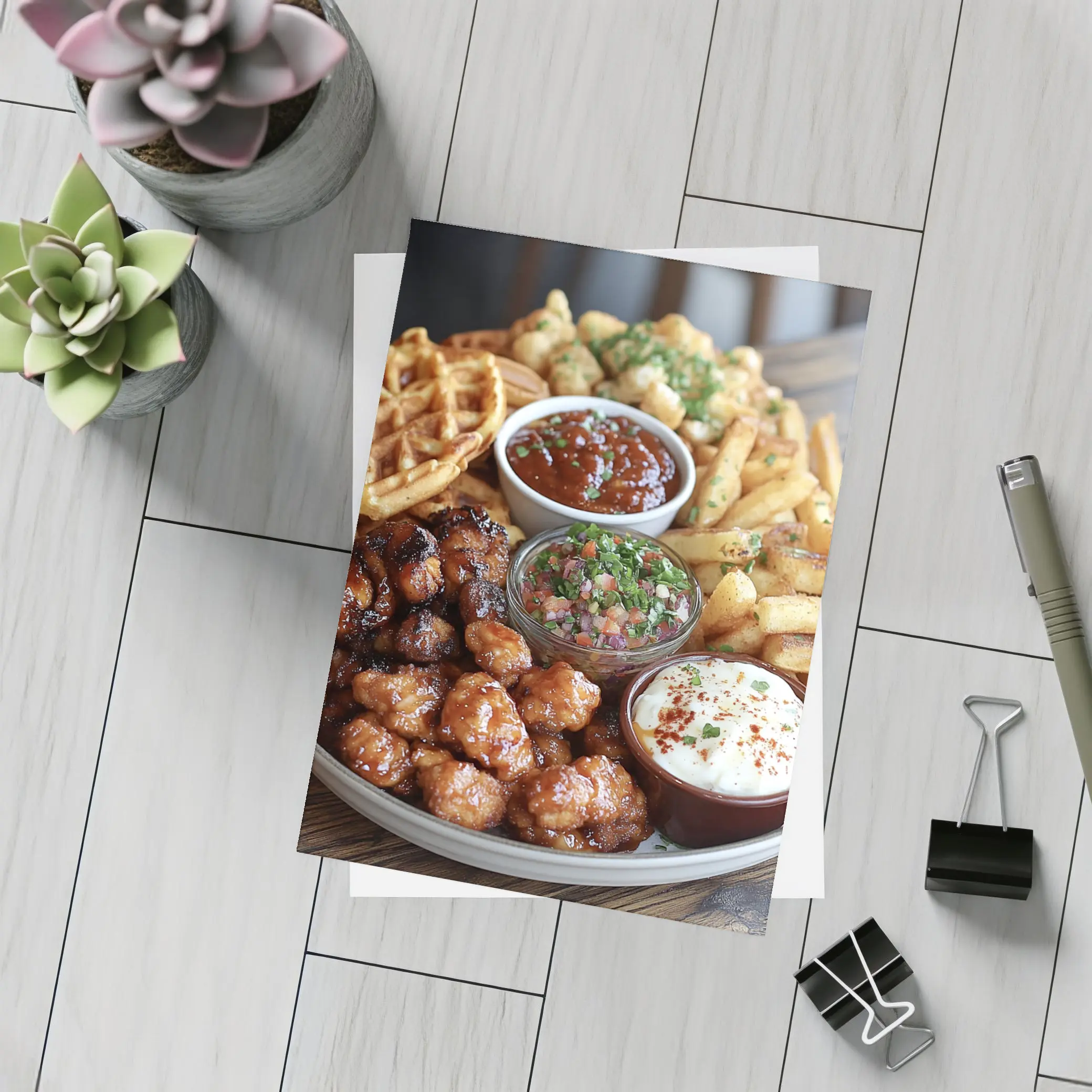 Crispy Chicken Waffles Fries Platter Dipping Sauces – Postcards