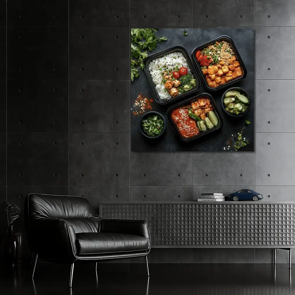 Asian Meal Prep Bowls Dark Stone Background – Wall Art
