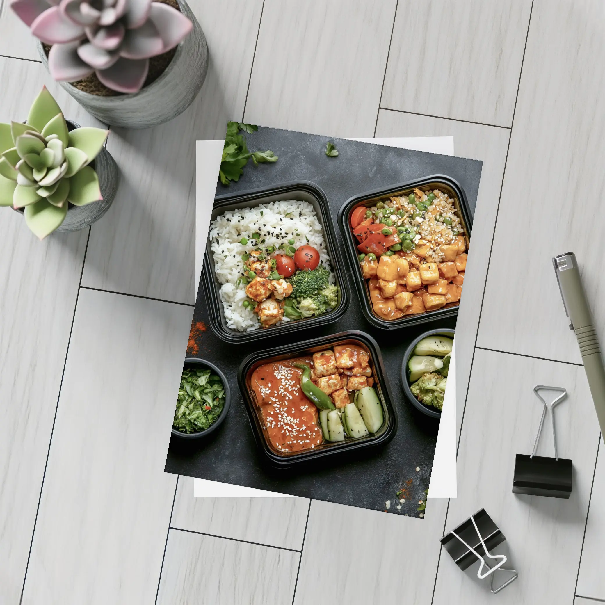 Asian Meal Prep Bowls Dark Stone Background – Postcards
