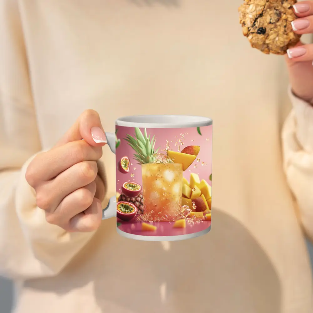 Tropical Mango Passion Fruit Cocktail Pink Background – Mugs