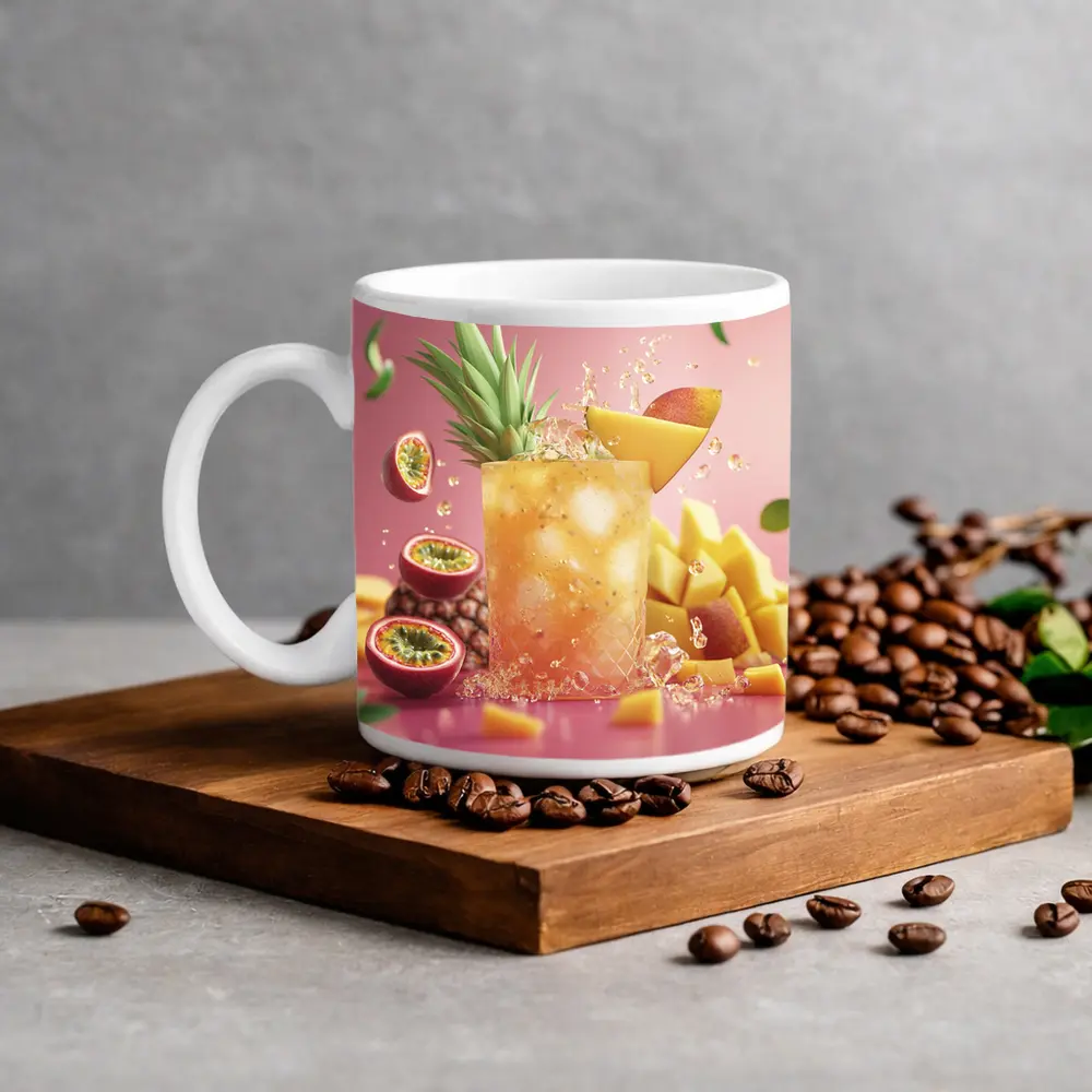 Tropical Mango Passion Fruit Cocktail Pink Background – Mugs
