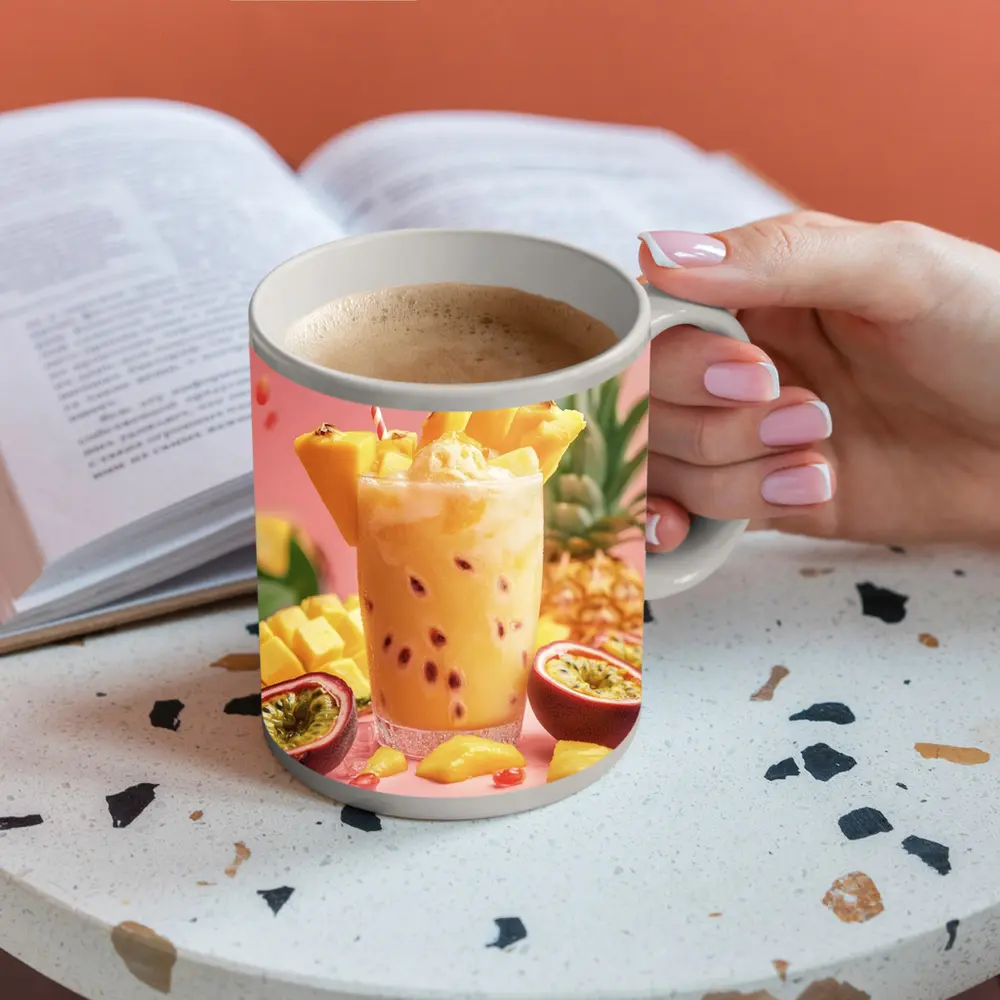 Tropical Mango Passion Fruit Drink Pink Background – Mugs