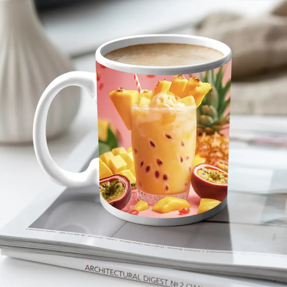 Tropical Mango Passion Fruit Drink Pink Background – Mugs