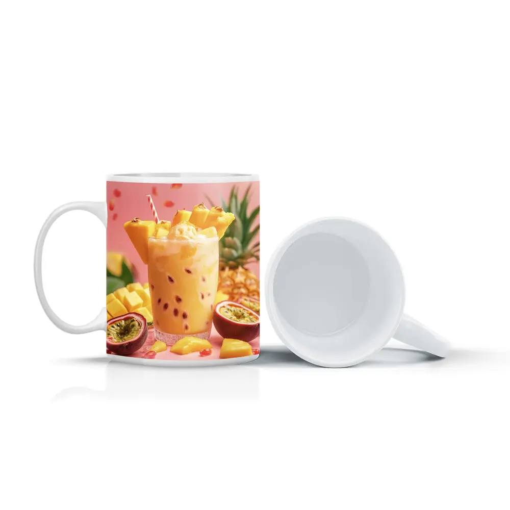 Tropical Mango Passion Fruit Drink Pink Background – Mugs