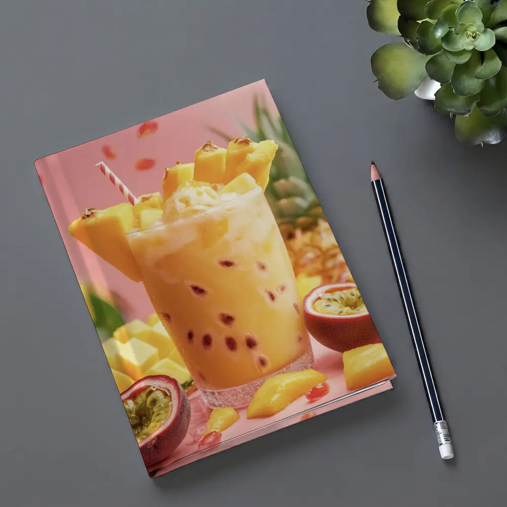 Tropical Mango Passion Fruit Drink Pink Background – Notebooks