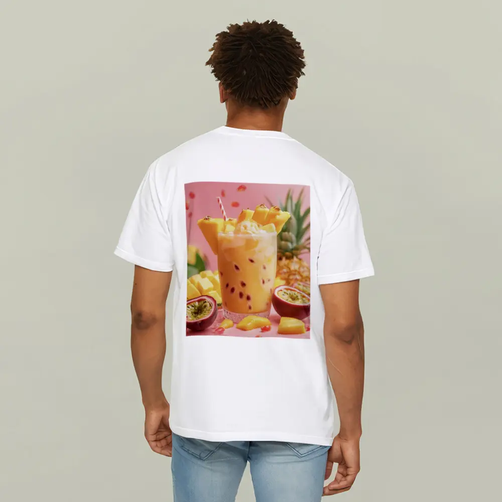 Tropical Mango Passion Fruit Drink Pink Background – T-Shirts