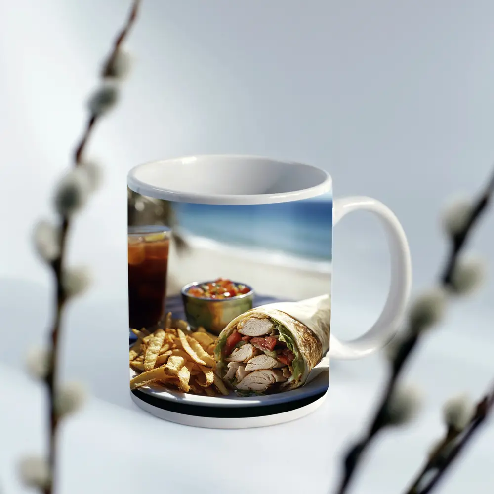 Chicken Wrap Fries Salsa Beach Setting – Mugs