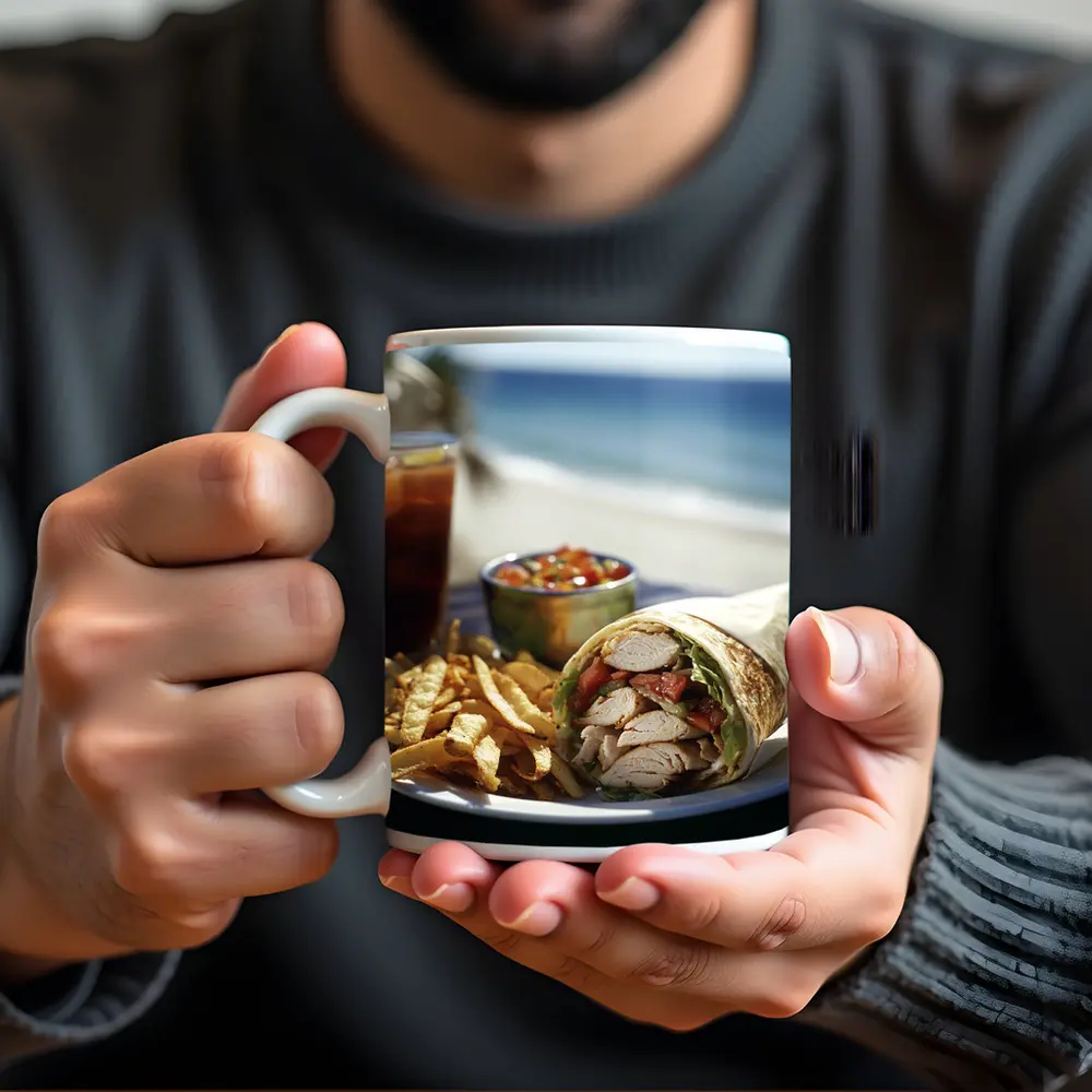 Chicken Wrap Fries Salsa Beach Setting – Mugs