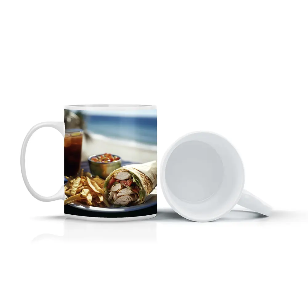 Chicken Wrap Fries Salsa Beach Setting – Mugs