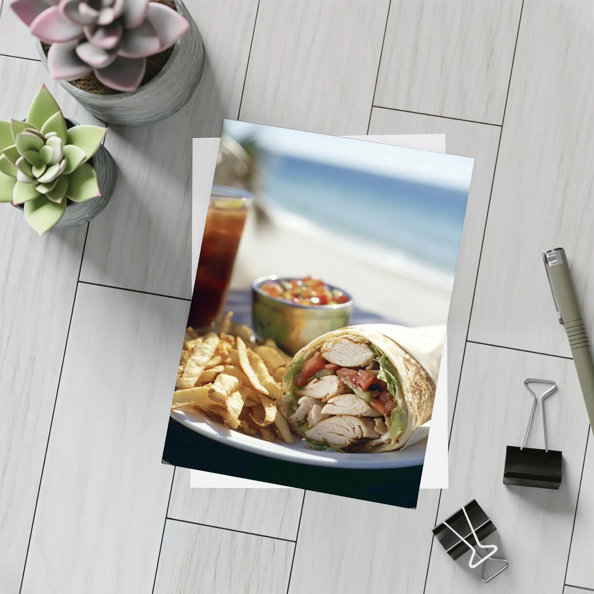 Chicken Wrap Fries Salsa Beach Setting – Postcards
