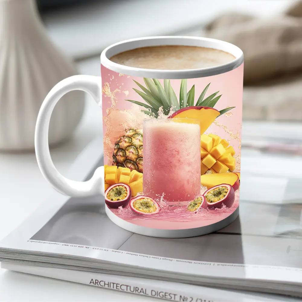 Tropical Mango Pineapple Smoothie Pink Background – Mugs