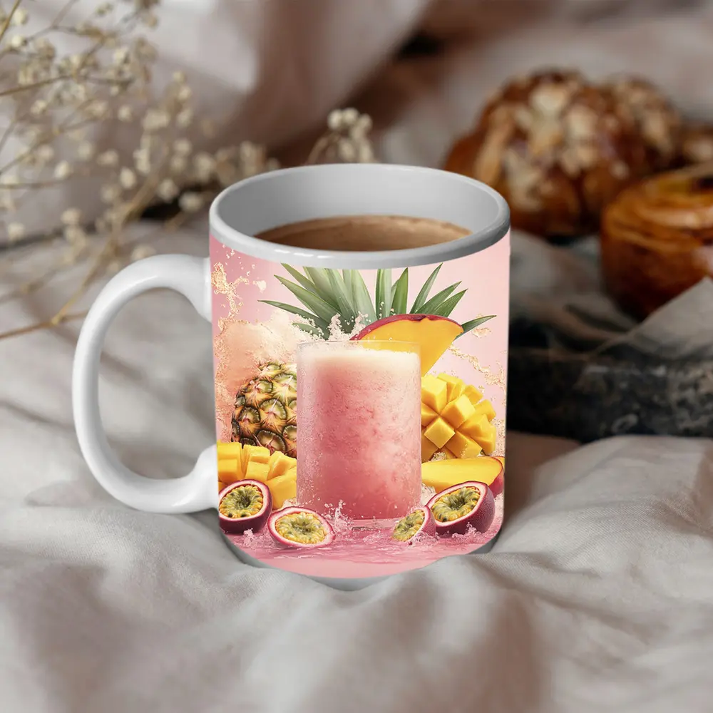 Tropical Mango Pineapple Smoothie Pink Background – Mugs