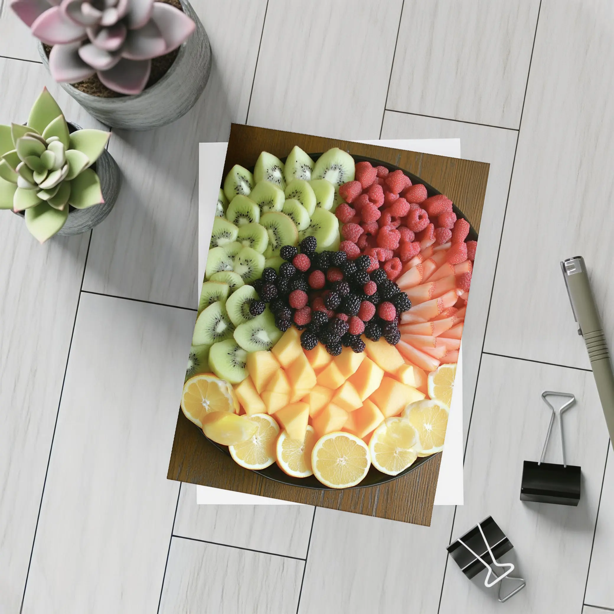 Fresh Fruit Platter Overhead View Dark Plate – Postcards