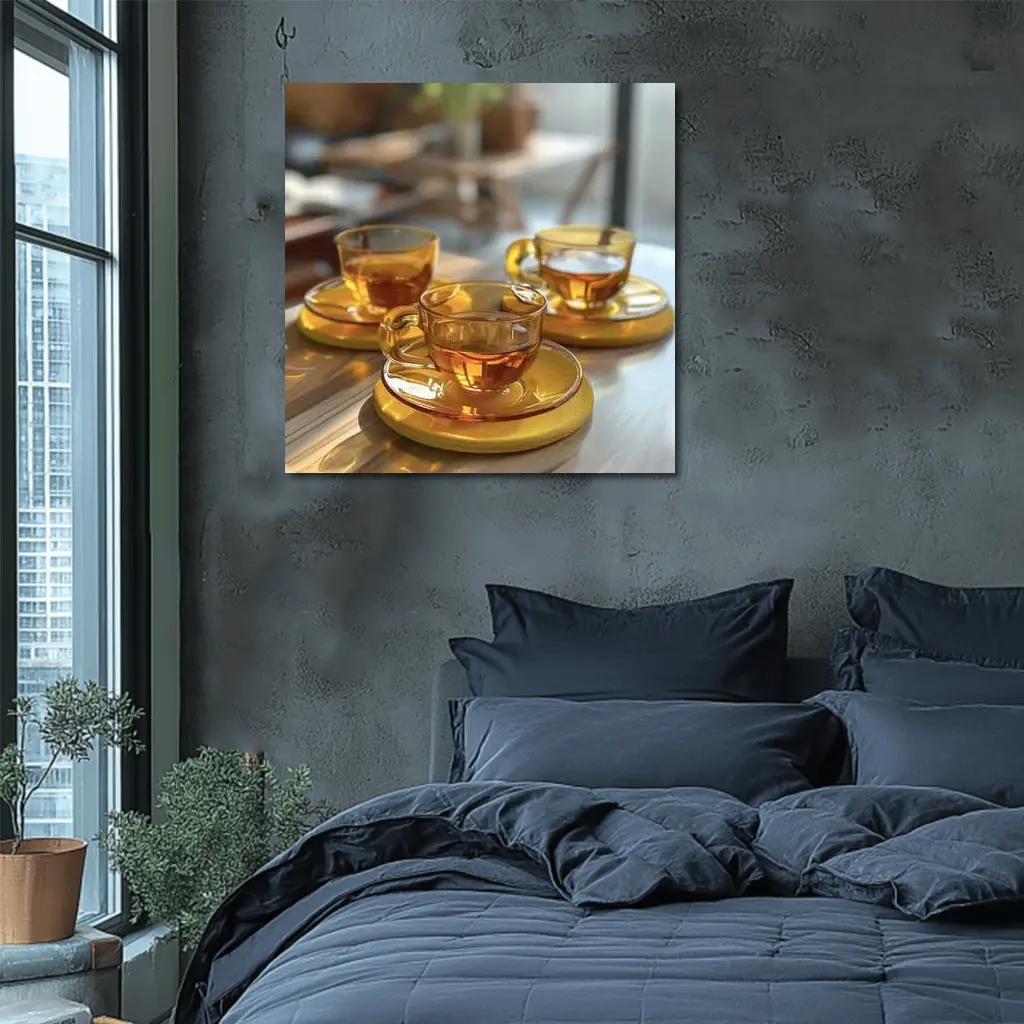Amber Glass Tea Cups Golden Saucers Table – Wall Art