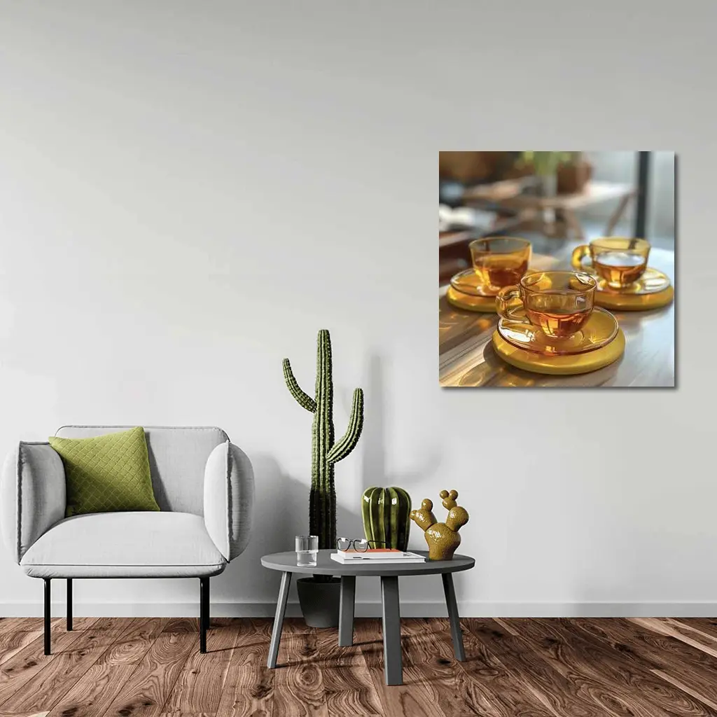 Amber Glass Tea Cups Golden Saucers Table – Wall Art
