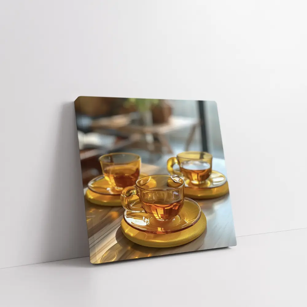 Amber Glass Tea Cups Golden Saucers Table – Wall Art