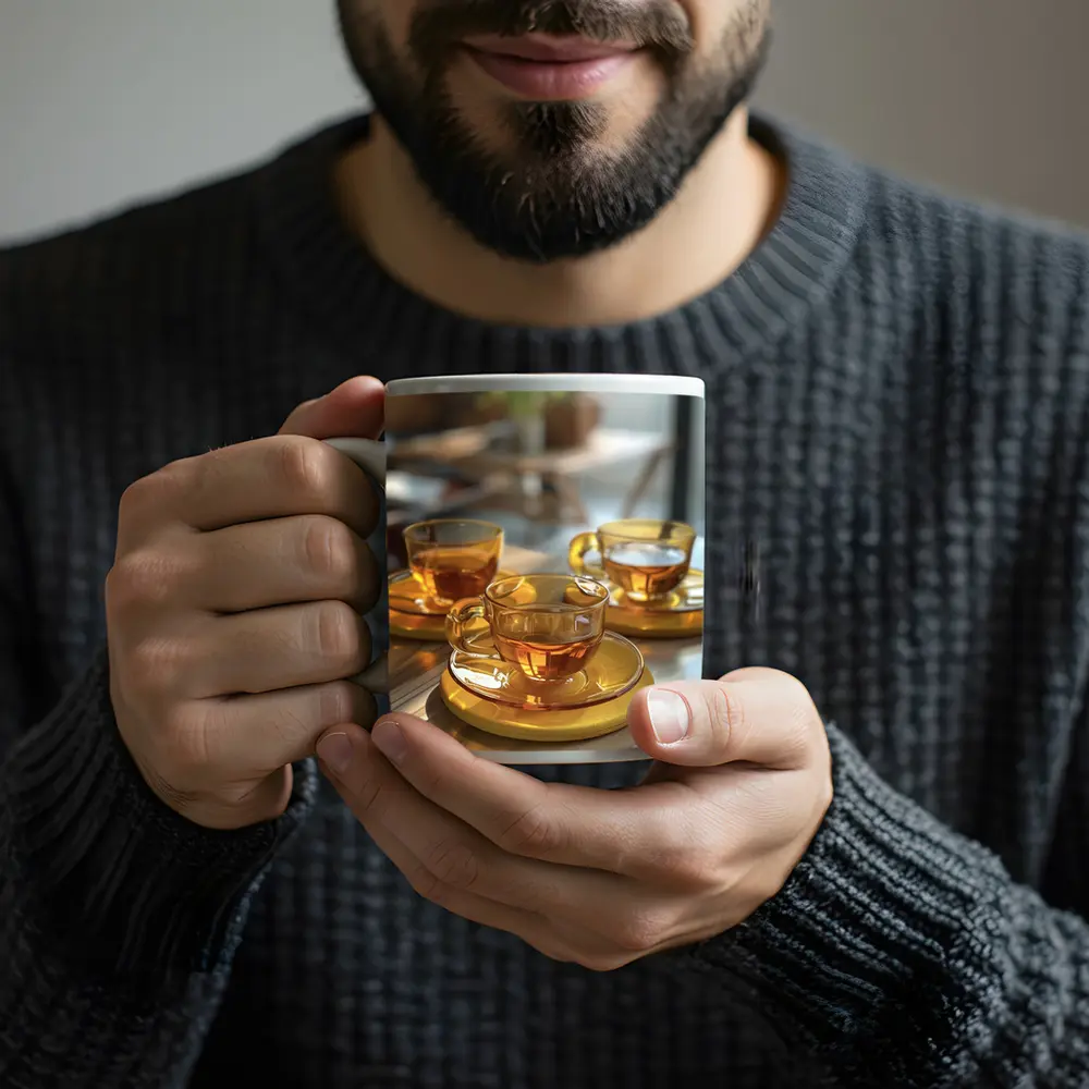 Amber Glass Tea Cups Golden Saucers Table – Mugs