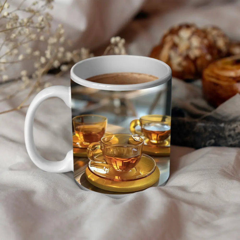Amber Glass Tea Cups Golden Saucers Table – Mugs