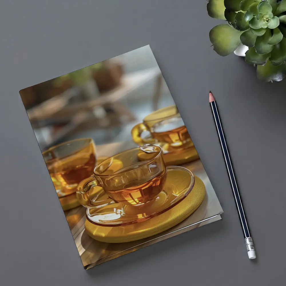 Amber Glass Tea Cups Golden Saucers Table – Notebooks