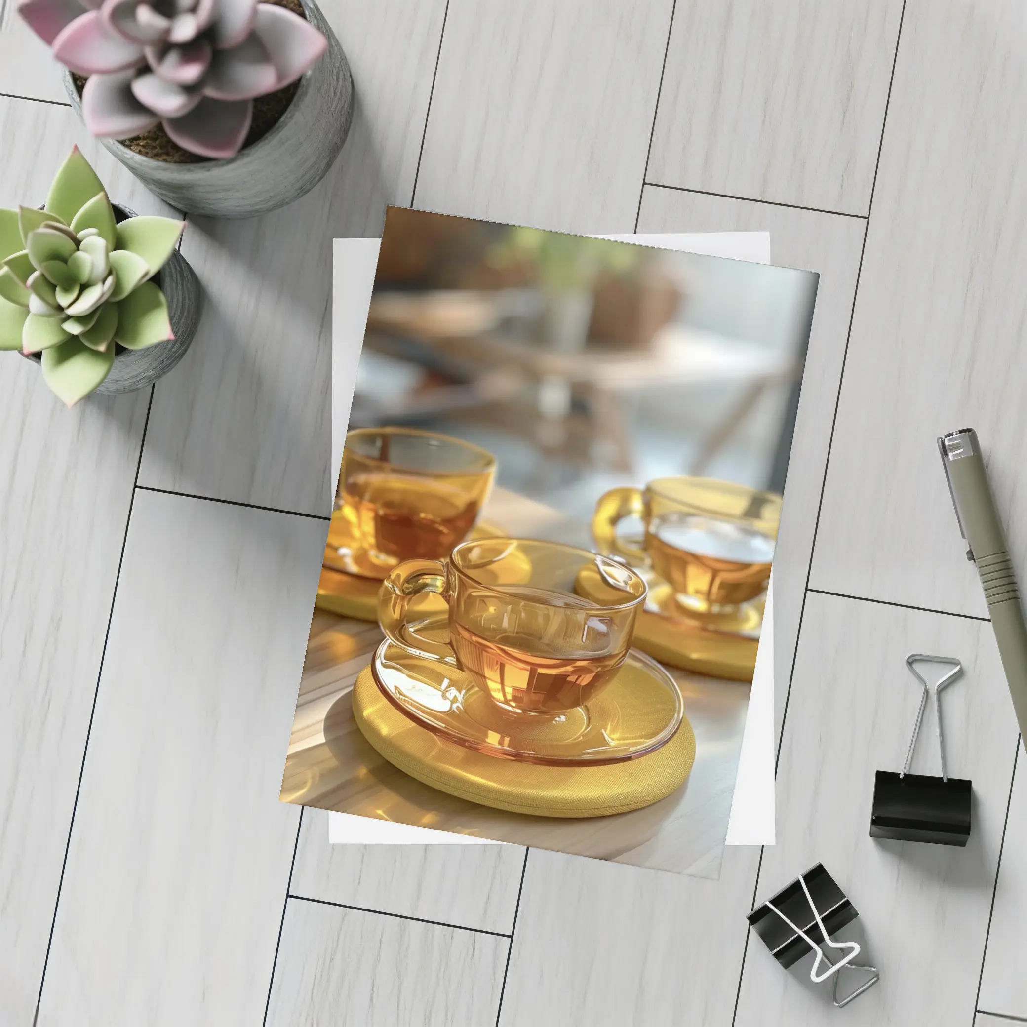 Amber Glass Tea Cups Golden Saucers Table – Postcards