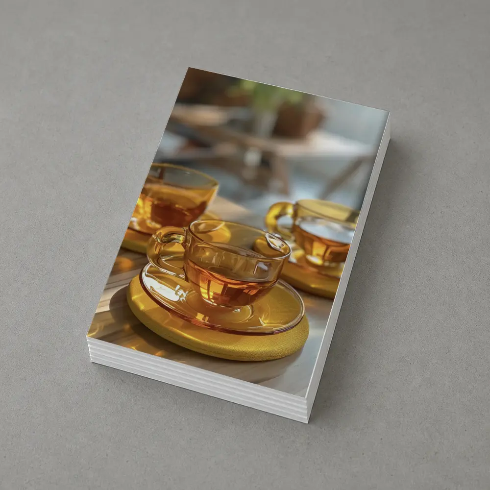 Amber Glass Tea Cups Golden Saucers Table – Postcards