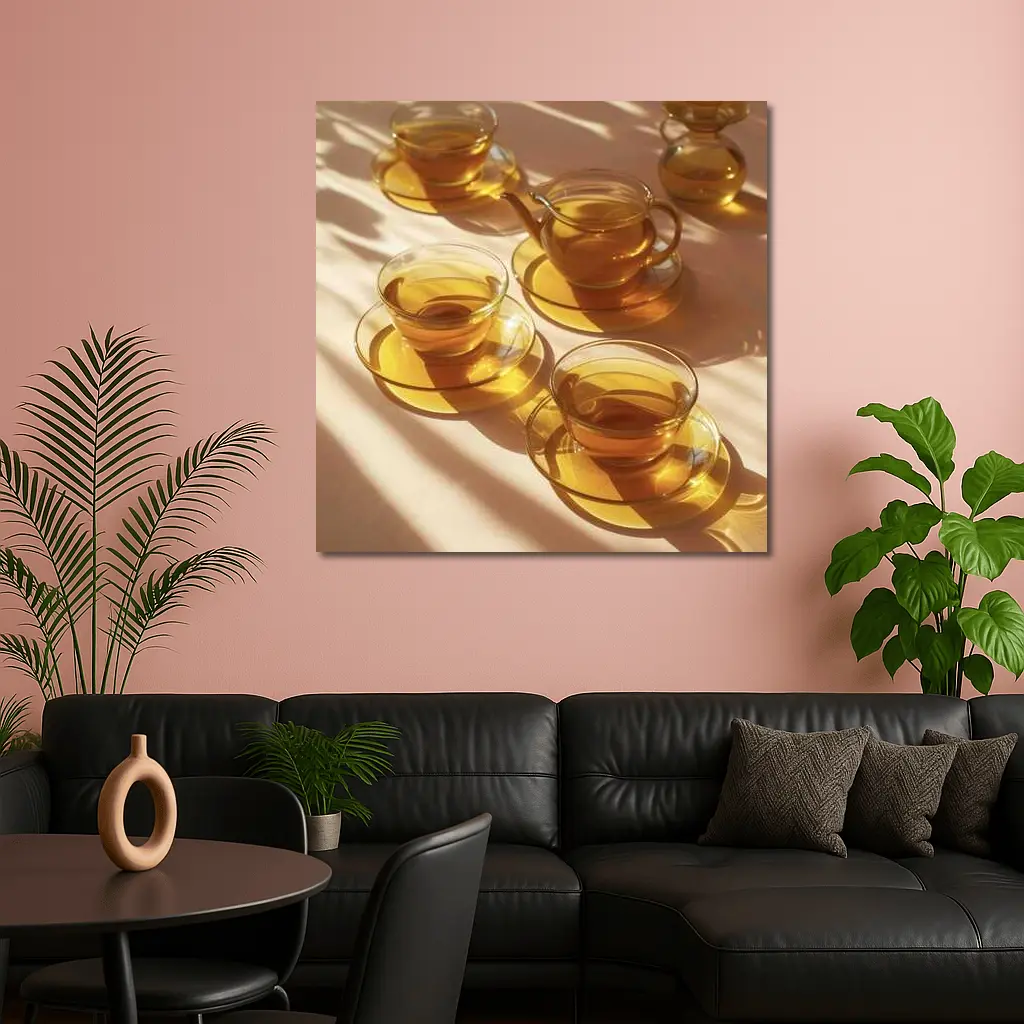Glass Tea Cups Set Warm Golden Light – Wall Art