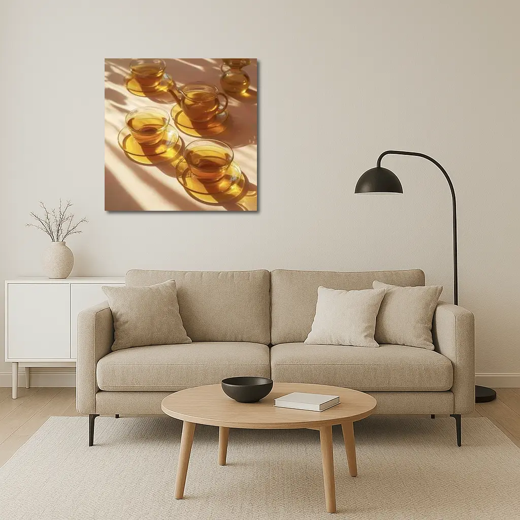 Glass Tea Cups Set Warm Golden Light – Wall Art