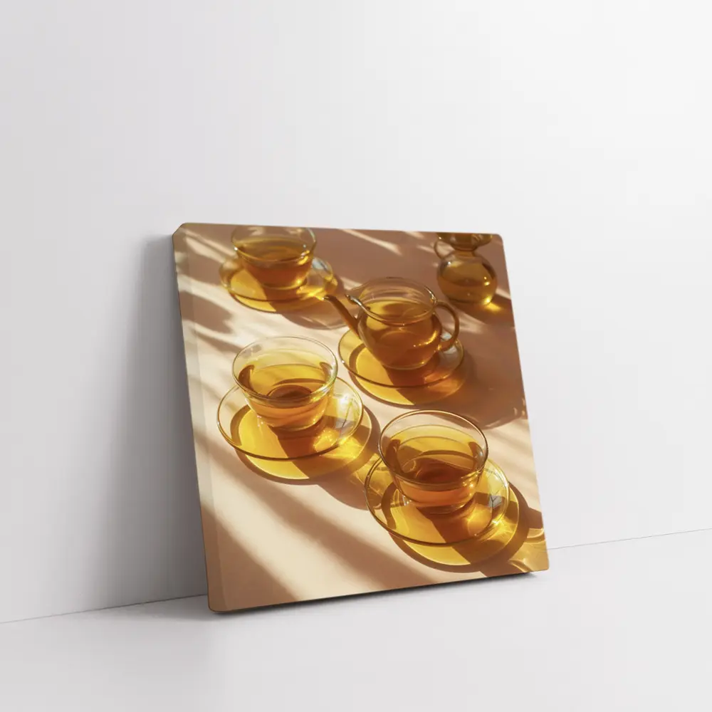 Glass Tea Cups Set Warm Golden Light – Wall Art
