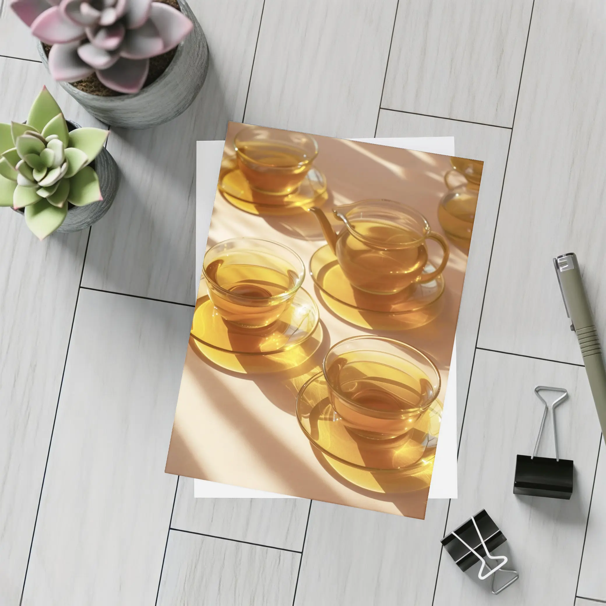 Glass Tea Cups Set Warm Golden Light – Postcards