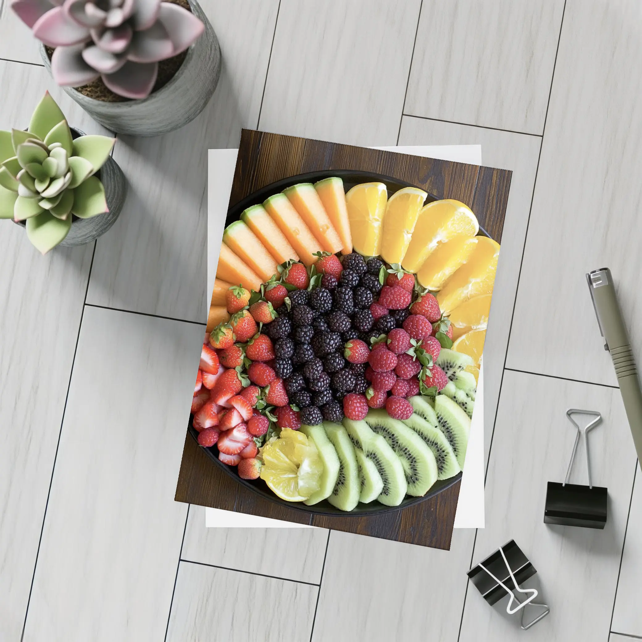 Fresh Fruit Platter on Dark Wood – Postcards