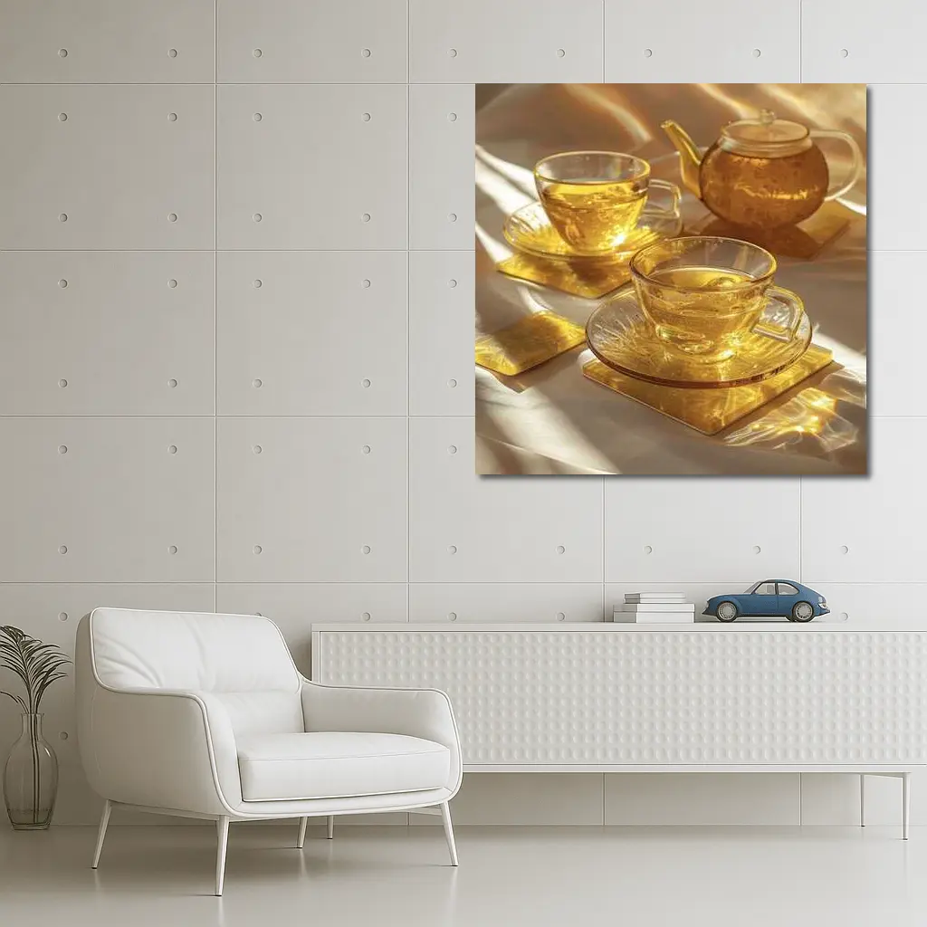 Golden Glass Tea Set Warm Sunlight – Wall Art