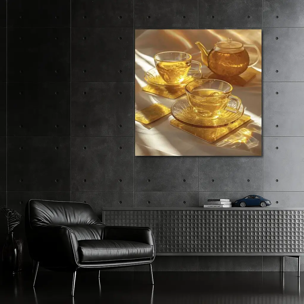 Golden Glass Tea Set Warm Sunlight – Wall Art