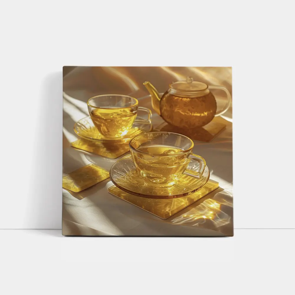 Golden Glass Tea Set Warm Sunlight – Wall Art
