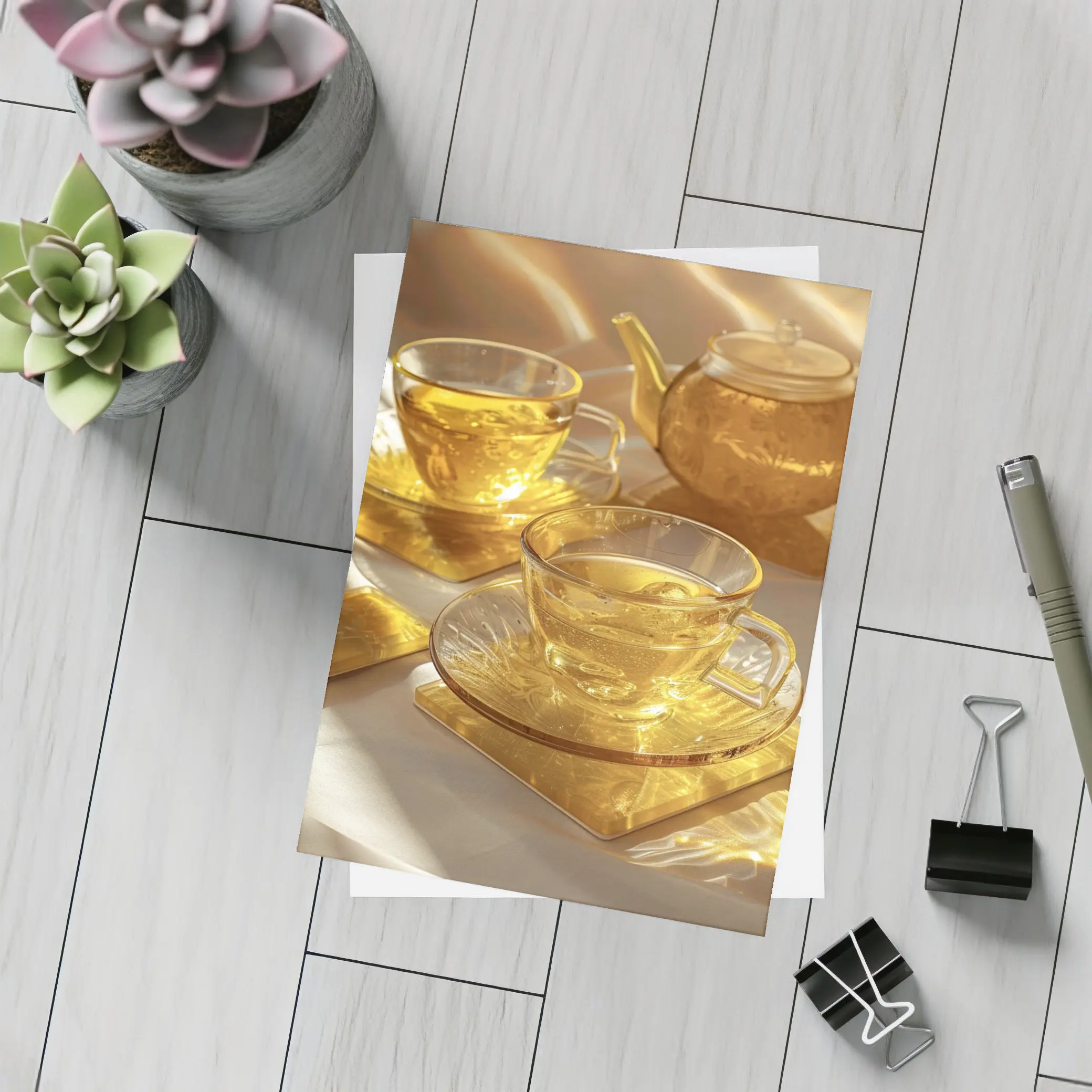 Golden Glass Tea Set Warm Sunlight – Postcards