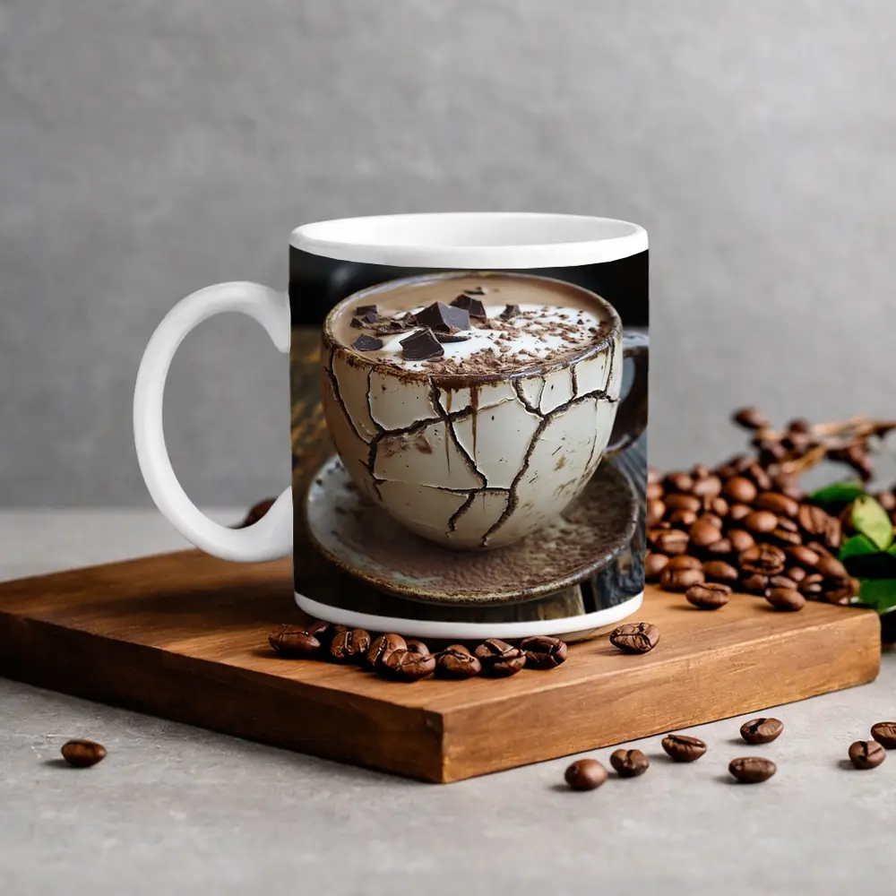 Cracked Chocolate Cup Rustic Wooden Table – Mugs