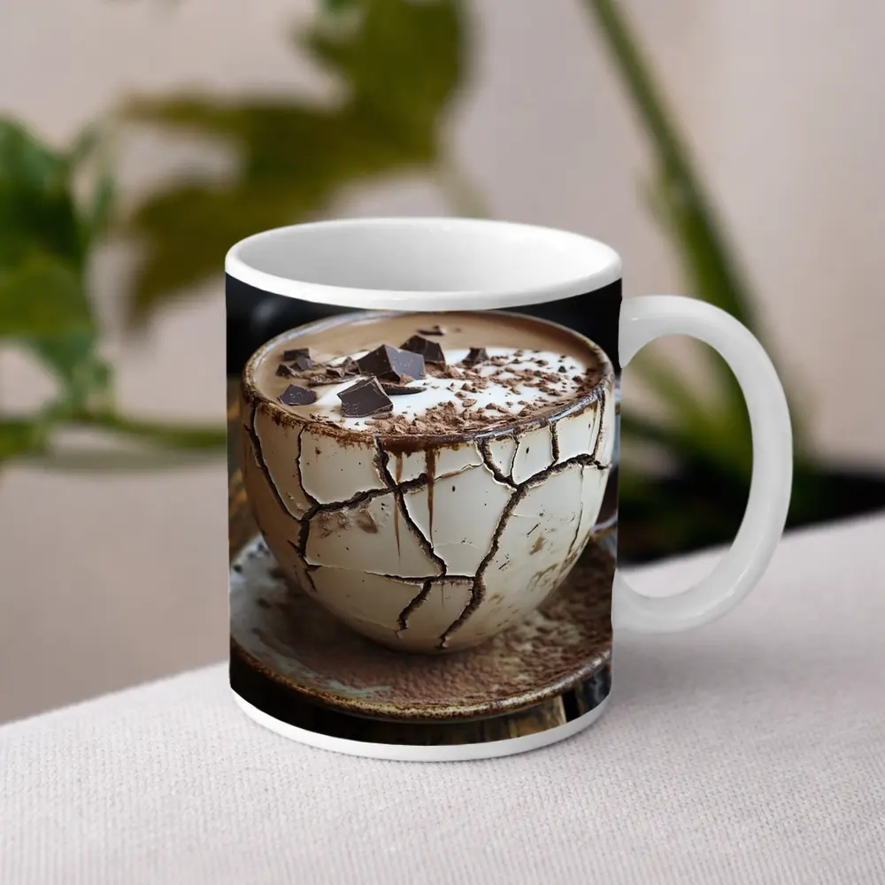 Cracked Chocolate Cup Rustic Wooden Table – Mugs