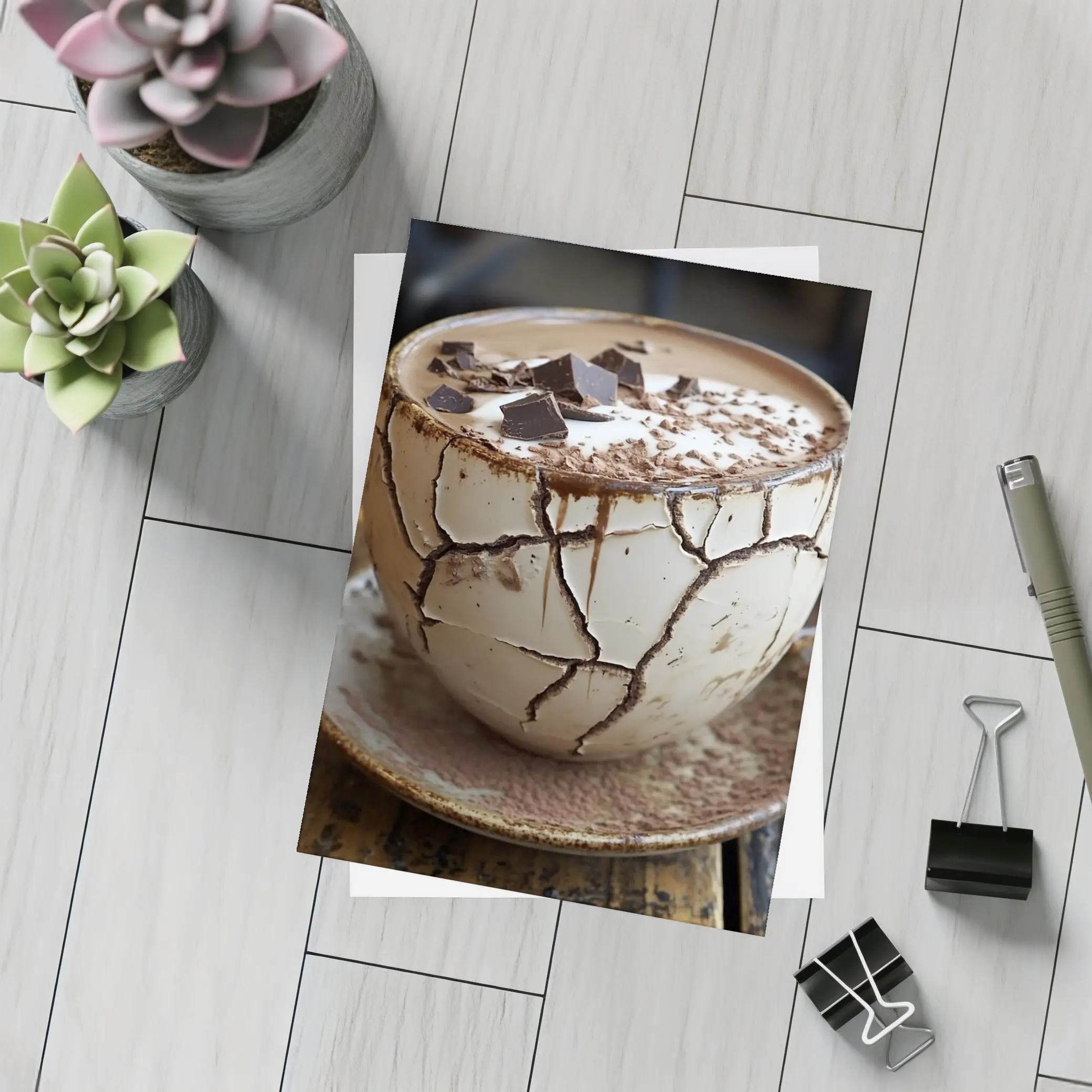 Cracked Chocolate Cup Rustic Wooden Table – Postcards