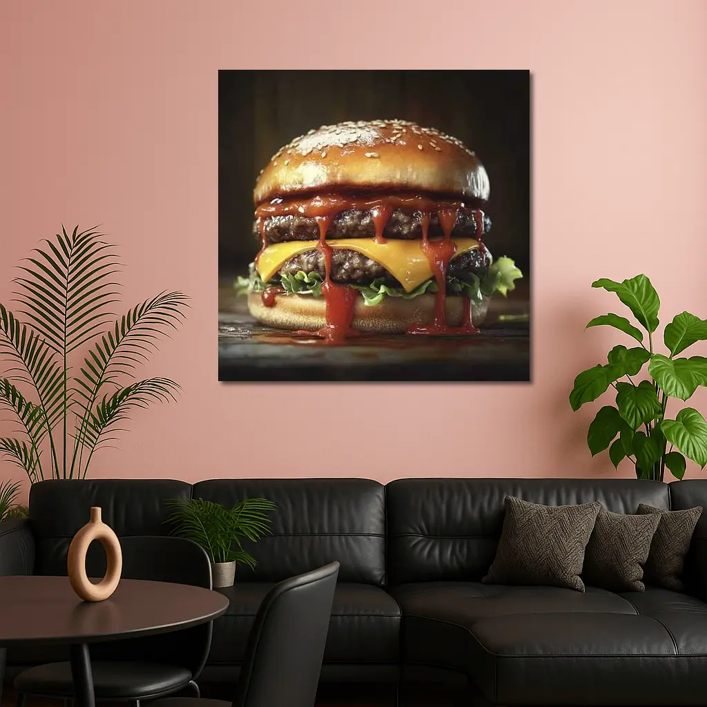 Double Cheeseburger With Ketchup Dark Background – Wall Art